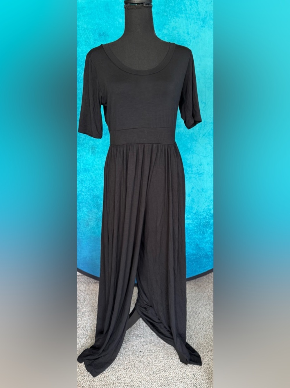 Women's Scoop Neck short sleeve black pant jumpsuit with fitted top & wide legs